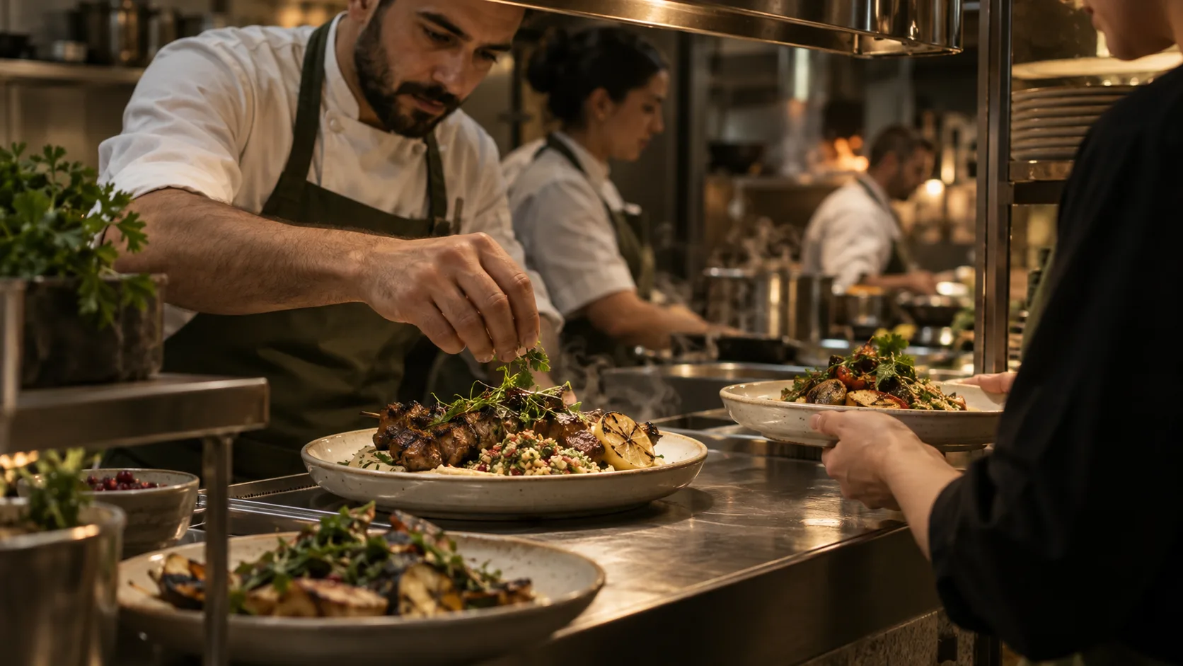 Kitchen team preparing guest dishes during service